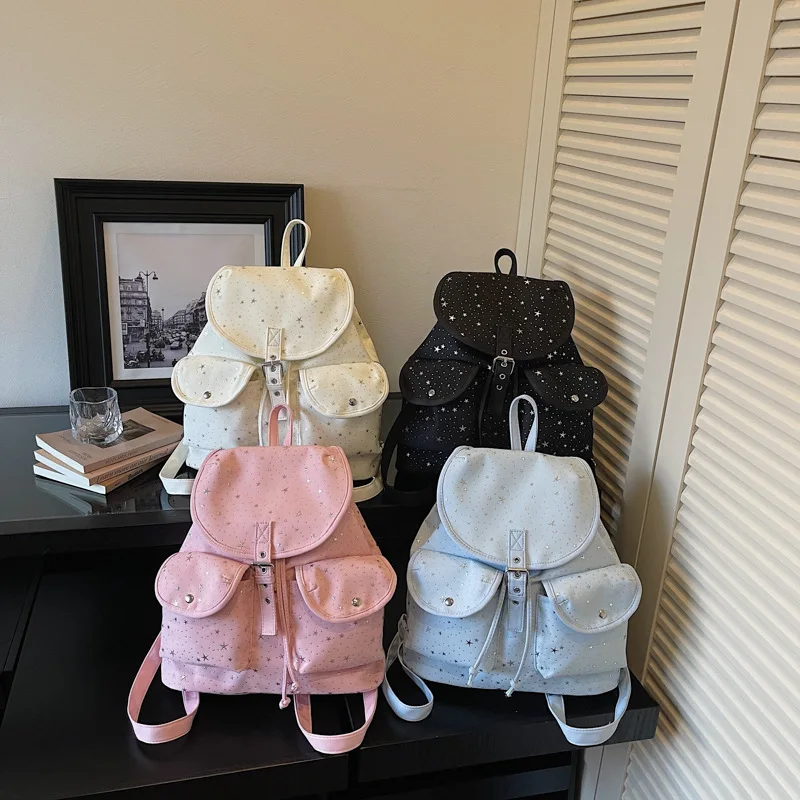 New Women's Canvas Backpack Fashionable and High-quality Girls' Drawstring Backpack Multifunctional Student Leisure Backpack