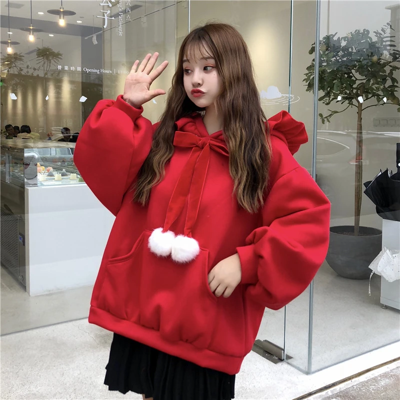 Autunno/inverno versione coreana Pullover con cappuccio maglione sciolto e addensato peluche carino studente cappotto Top giallo rosso abbigliamento donna