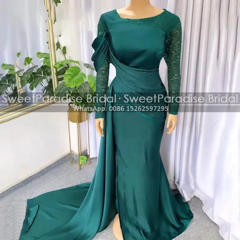 Emerald Green Mermaid Mother of the Bride Dresses Customized Lace Long Sleeves Side Slit Waistline Cap Sheath Evening Dress