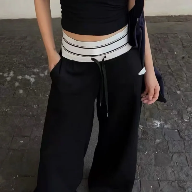 Women Wide Leg Pants with Letter Tape High Waist Loose Fit Casual Trousers Soft Comfortable Early Autumn Fashion Bottoms