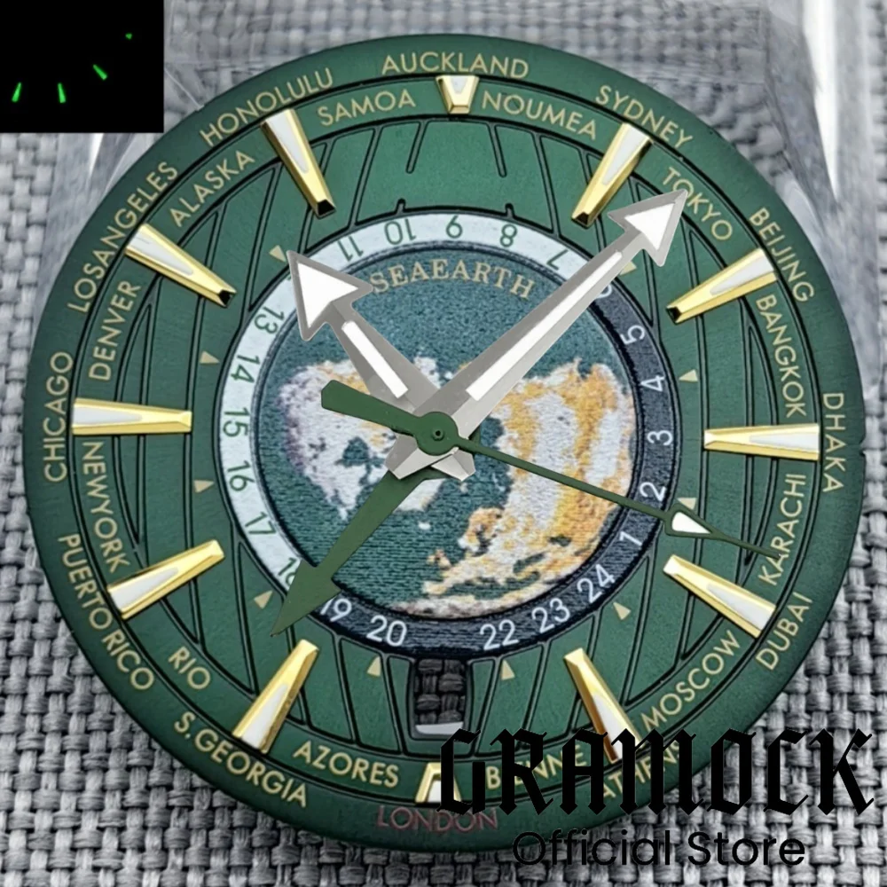 33.5mm Universal Time Blue Green Black Watch Dial 6 o 'clock Date With Green Black Blue GMT NH34 4 Hands Fit NH34 NH35 Movement