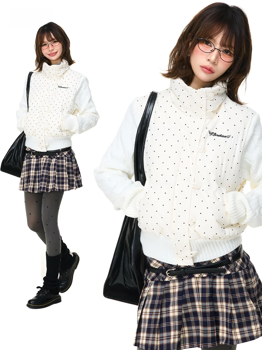 

Sanowers Sweet Polka Dot Knitted ort Loose Fit College Sle Jaet Women's Winter Warm Stand Collar Cotton Outerwear