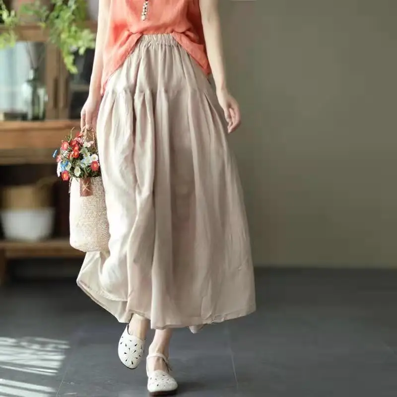 

Summer Women's Cotton Linen Double Layer Skirt Ele Flared Midi Dr Korean Sle High Waist A-Line Skirt Pure Color