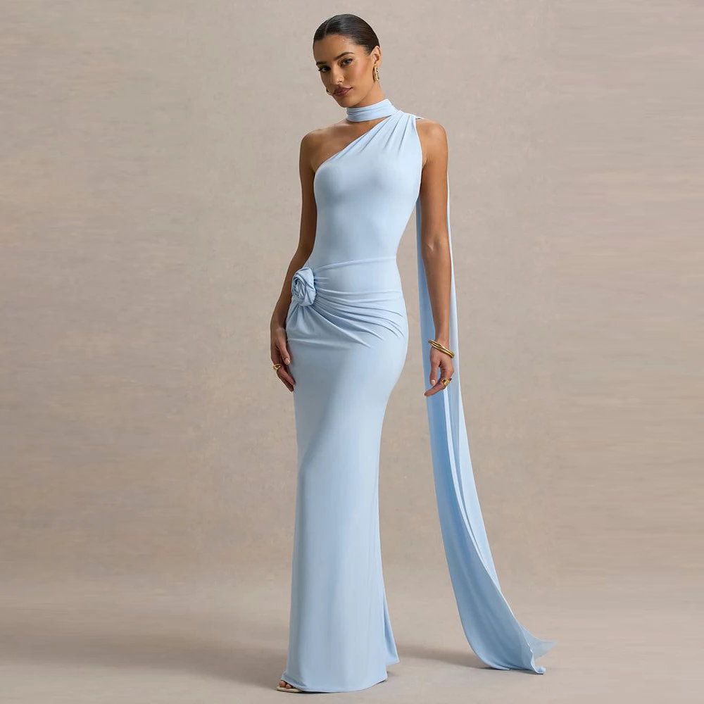 

Голубое платье русалки на одно плечо с цветочным принтом и открытой спиной, свадебное платье для выпускного вечера, коктейльное вечернее платье