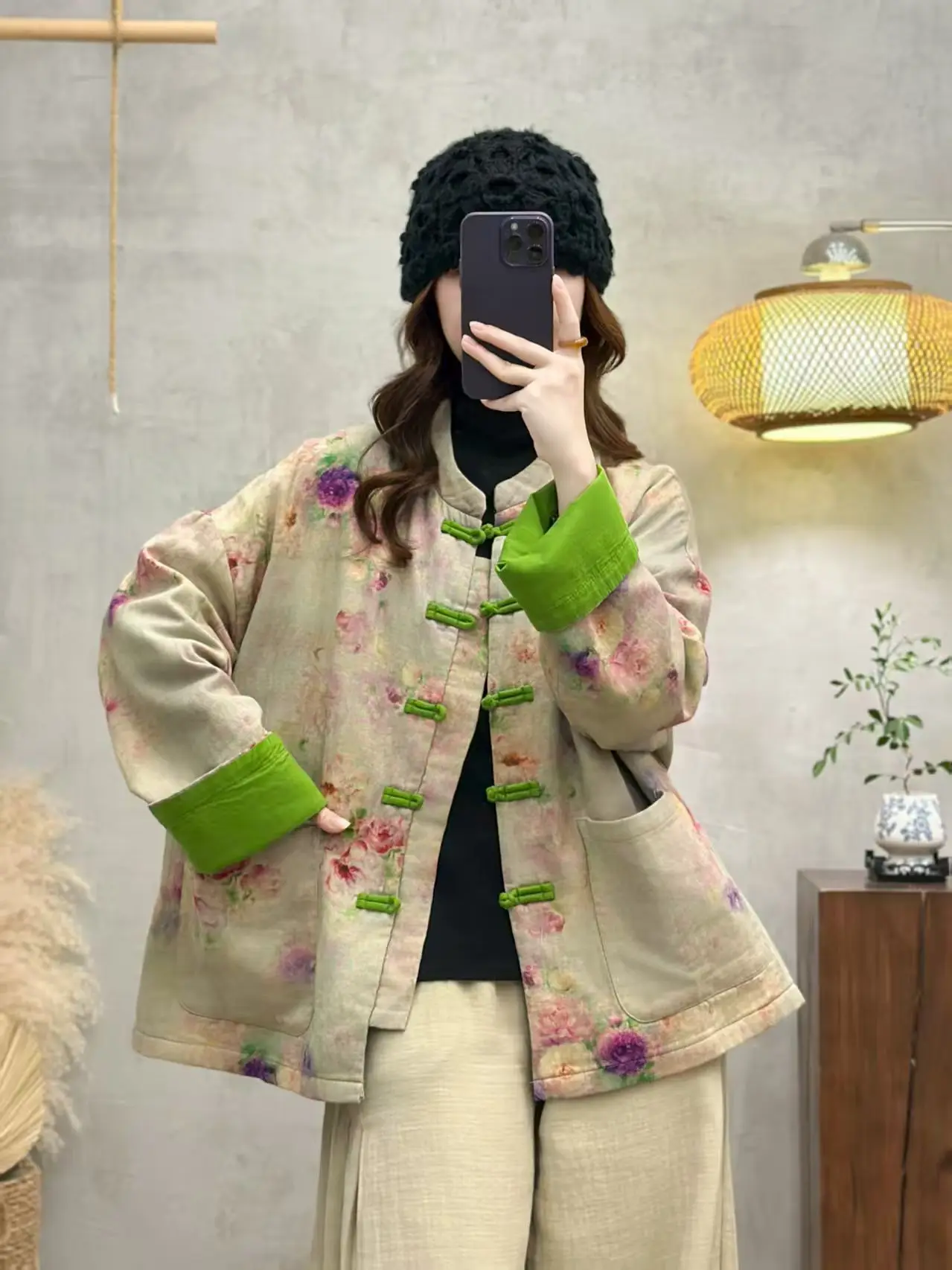 

Autumn 2025 Women's Casual Sle Long Sve Double Layer Cotton Jaet with Print Stand Collar Button Inner Artistic ...