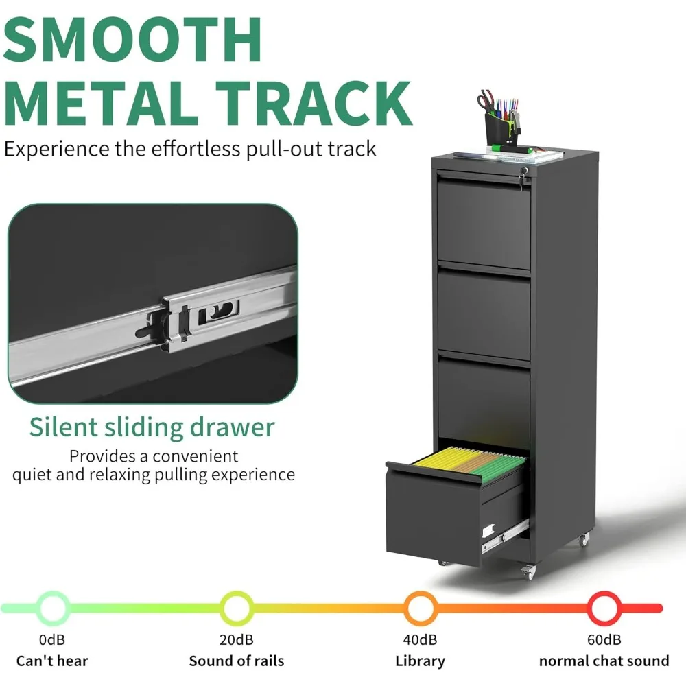 خزانة ملفات معدنية للمكتب المنزلي مع قفل، وحدة تخزين متنقلة بأربعة أدراج لتنظيم ملفات الرسائل/القانونية/A4 تحت المكتب