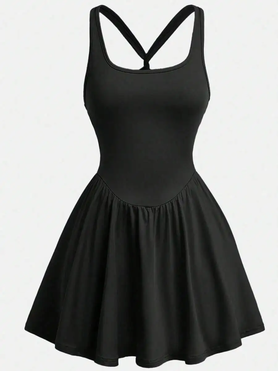 

Women Solid Color Sleeveless Tennis Dress With Built-In Shorts Criss-Cross Back Athletic Skirt