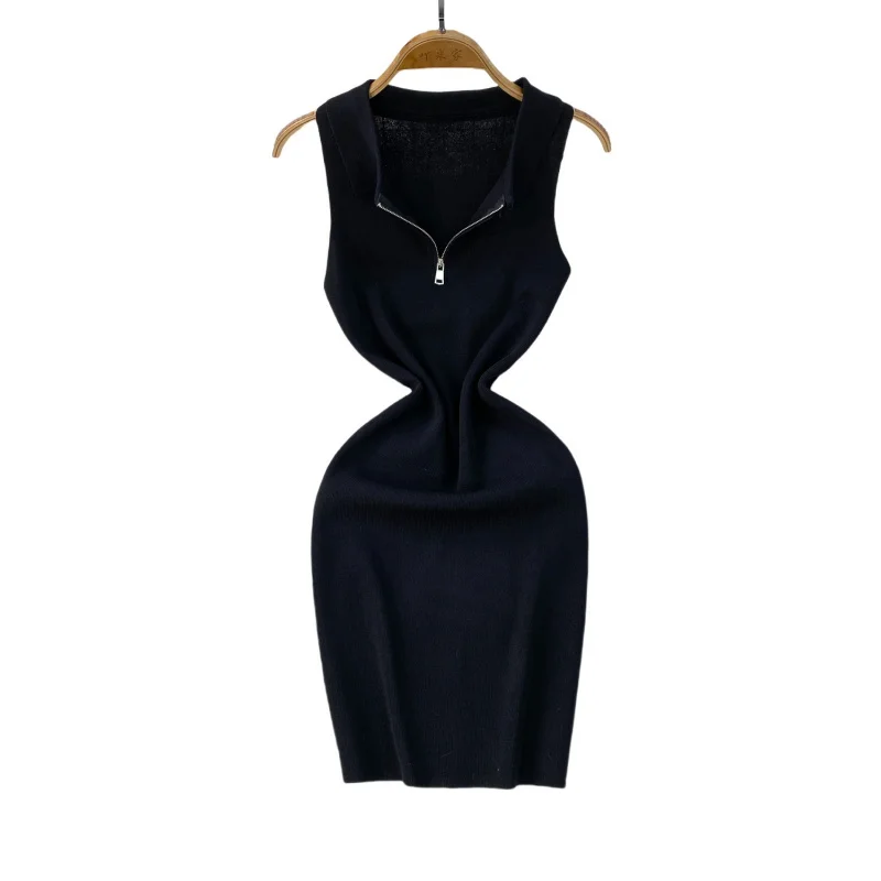 INS mince femmes été col polo tricoté moulante mini robe courte débardeur décontracté Chic fête sexy fermeture éclair streetwear robe de boîte de nuit