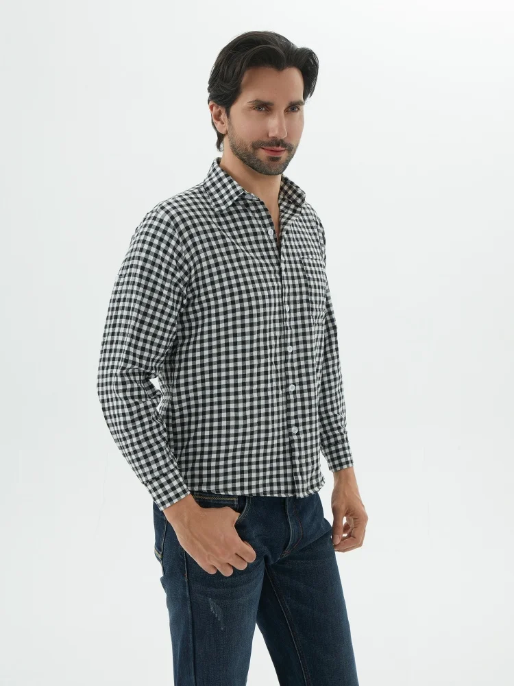 クラシックチェック柄シャツメンズビジネスレジャー長袖男性ラペル襟カーディガン服ボタンダウンシャツトップ春秋