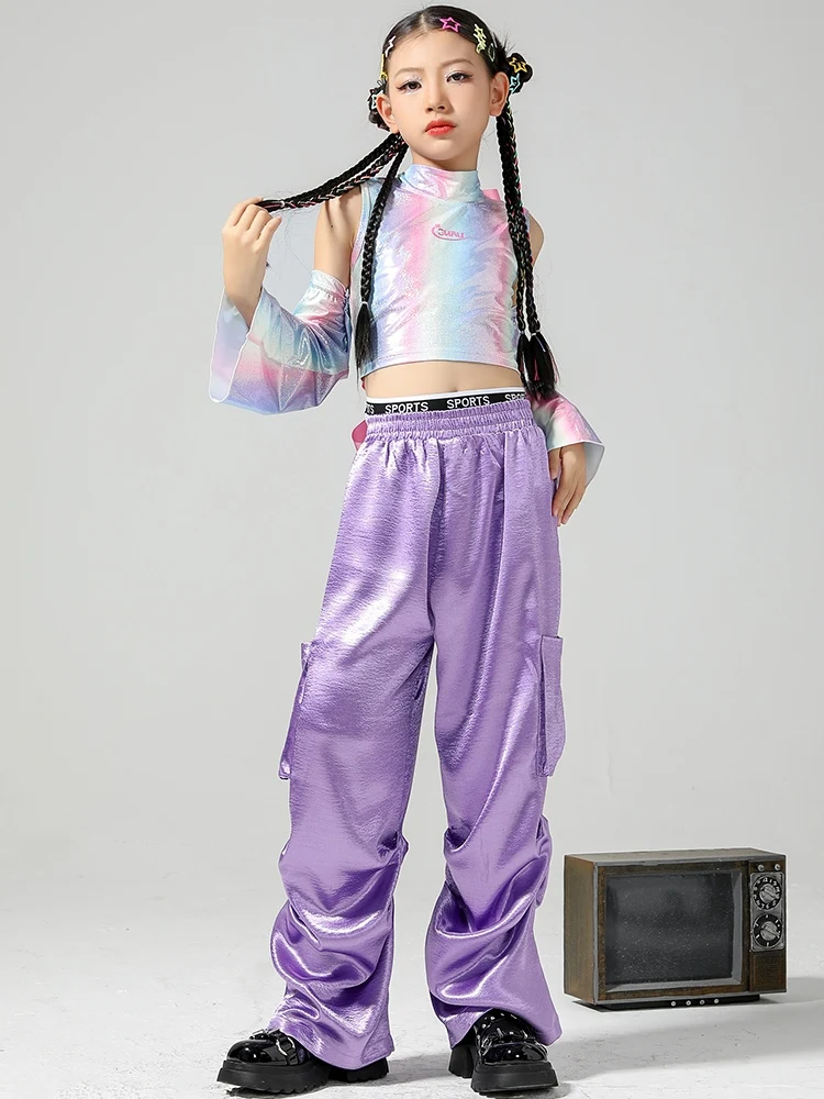 Kpop Jazz Dancewear Girls Cheerleading Uniform Laser Tops Purple Pants Catwalk Show Stage Costume Kids Hip Hop Clothes DL11281