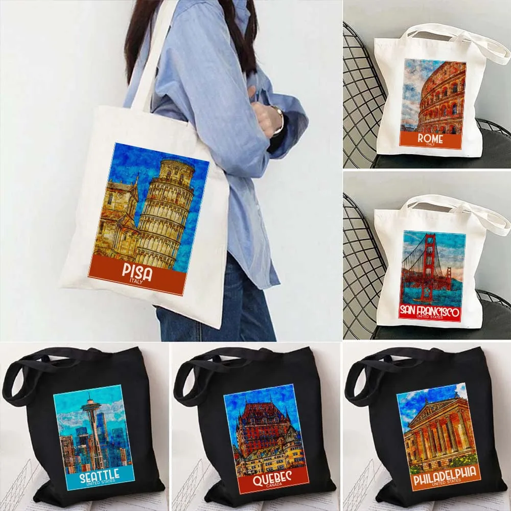 Filadelfia Pisa Porto Portofino Poznan Quebec Roma Riomaggiore Pittura San Francisco Seattle Shopper Canvas Tote Bag Borse