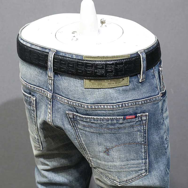 Fashion Designer High Quality Men Jeans Retro Light Blue Slim Fit Ripped Jeans Men Elastic Denim Trousers Vintage Pants Hombre