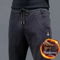 Men's Elastic Waist Jeans Casual Denim Harem Pants Drawstring Spring Autumn Thick Fleece Long Pants Plus Size 5XL Baggy Trousers