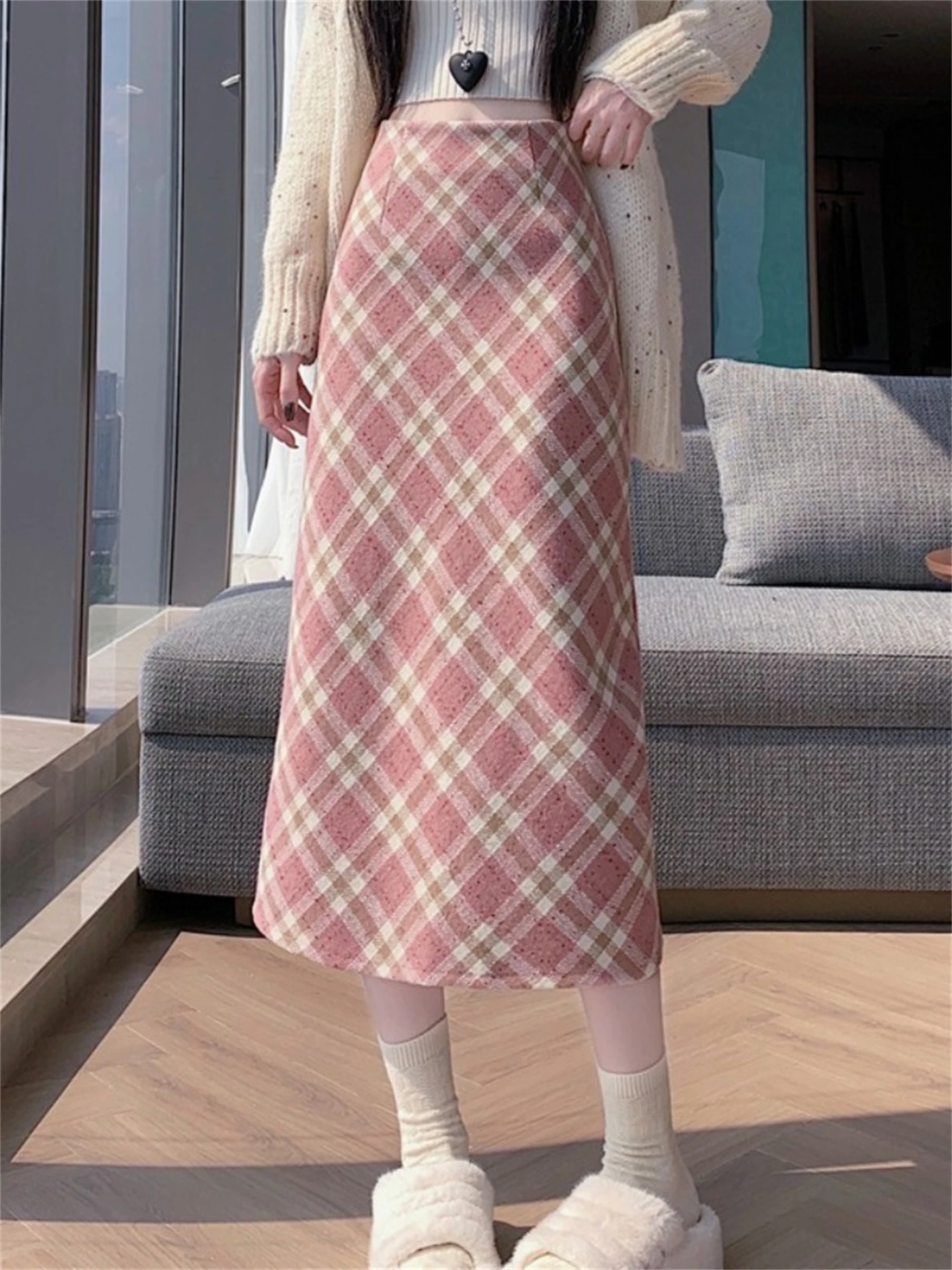 Sweet Large Size Pink Plaid Woolen Wrap around  Skirt Women's High Waist A-Line Long Skirt Korean Style Back Split Straight