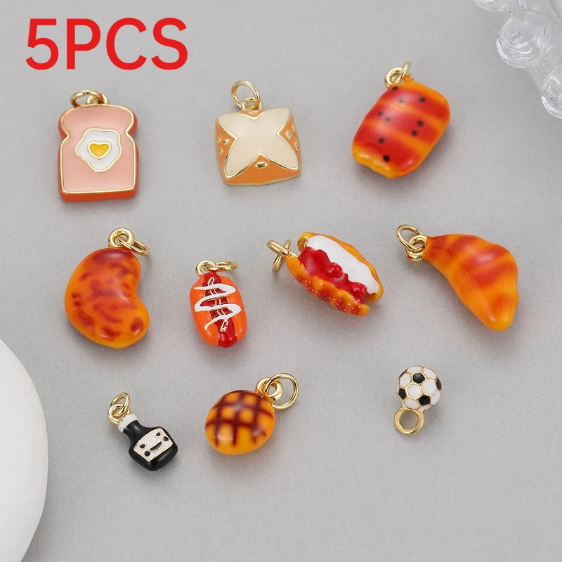 5Pcs Cute Enamel Bread & Soccer Ball Charms Mini Food Sports Pendants DIY Accessories For Necklace Bracelet Jewelry Making