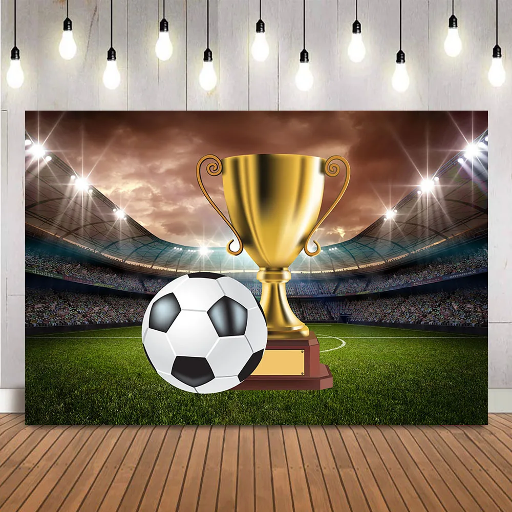 

Football Trophy Background for Photography Soccer Field Stadium Auditorium Background Boy Birthday Theme Party Decoration Banner