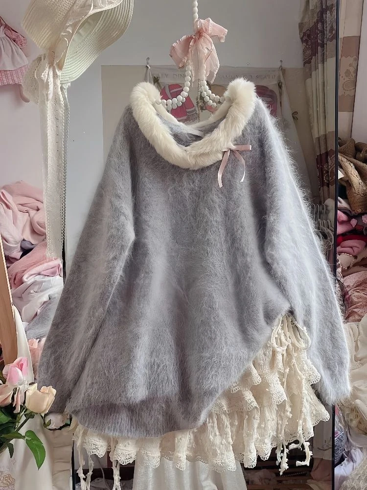 

Женский комплект из 2 предметов Sweet Kawaii, свободный свитер с длинными рукавами для девочек + мини-юбка Y2k, осенний повседневный корейский модный комплект