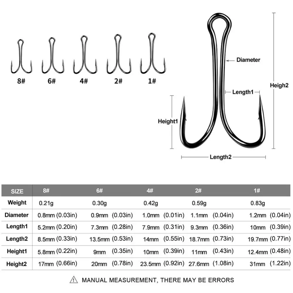 50pcs/set Serviceable High Carbon Steel Double Fishing Hooks, 1# 2# 4# 6# 8# Classic Frog Hook