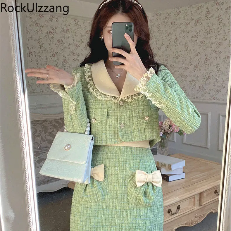 Two Piece Set Frill Lace Pearls Button Up Jacket Tweed Outfit Coat Crop Top + Bow Mini Skirt Suit Women Fall Cute Korean Clothes