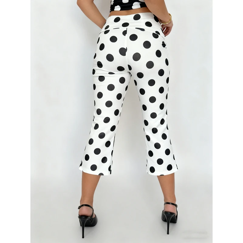 여성용 Y2K 빈티지 밴딩 로우라이즈 카프리 팬츠 슬림 바디콘 트라우저 도트 프린트 크롭 레깅스