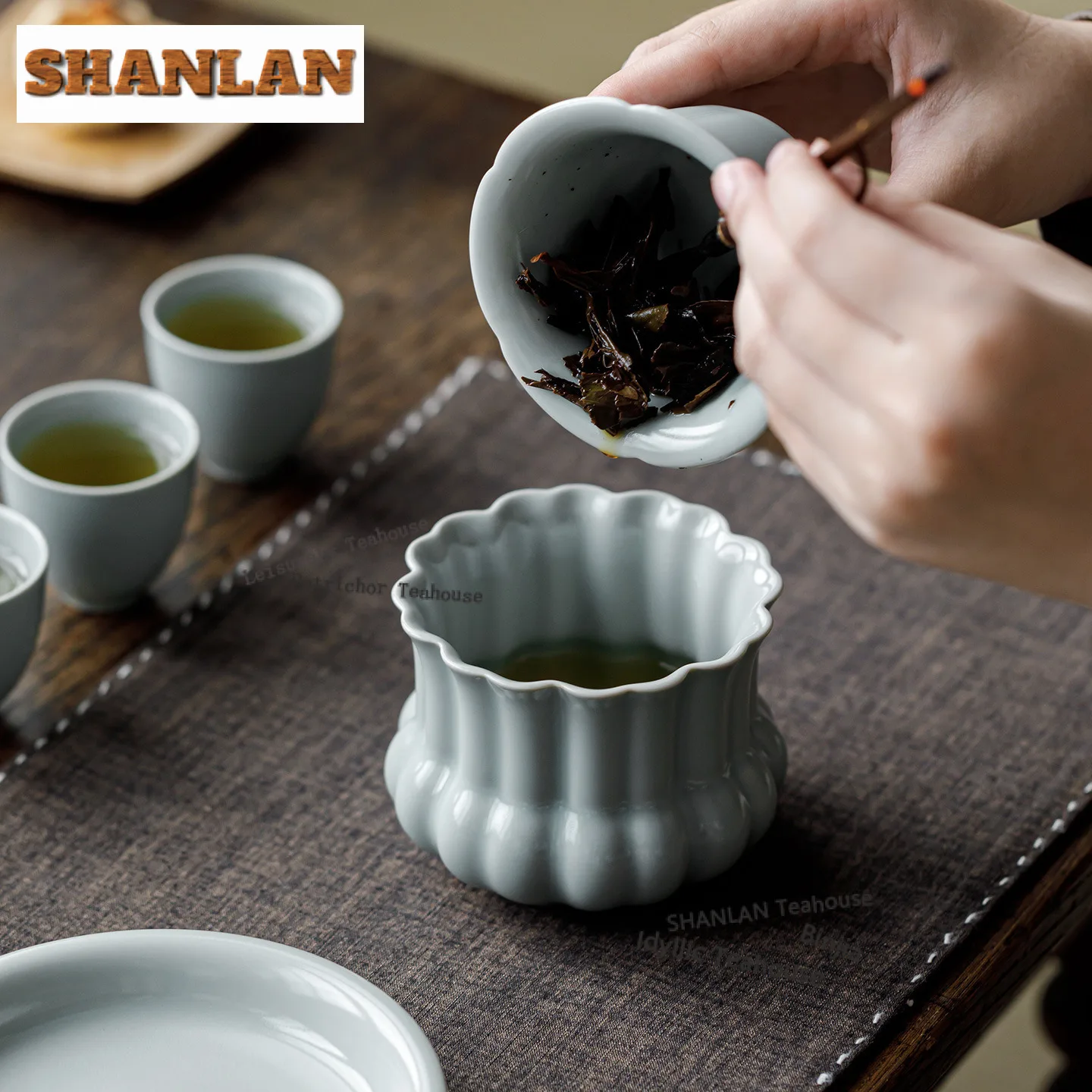 300ml Sky Blue Ru Kiln Porcelain Petal Jianshui Tea Washing Basin Writing-brush Washer Water Washing Slag Tank Chaxi Decoration
