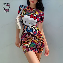 Hello Kitty 3D Print Bodycon Dress Elegant Long Sleeve Party Dresses for Ladies Sexy Tight Female Clothing Evening Plus Size 5XL