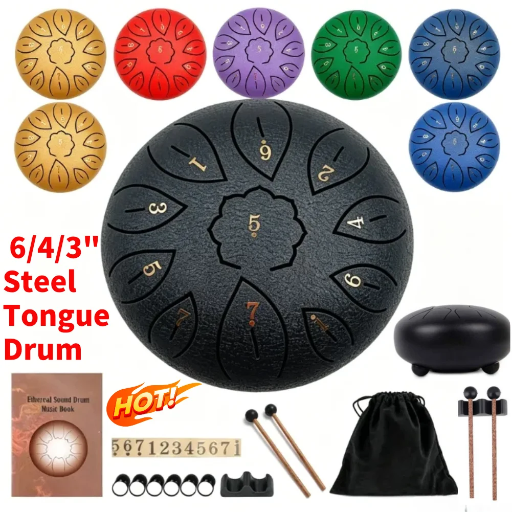 6/4/3 inch Steel Tongue Drum 11/9/6 Tune Musical Instrument Hand Pan Tank Drum Rain Drum for Outside Steel Tongue Drum for Yoga
