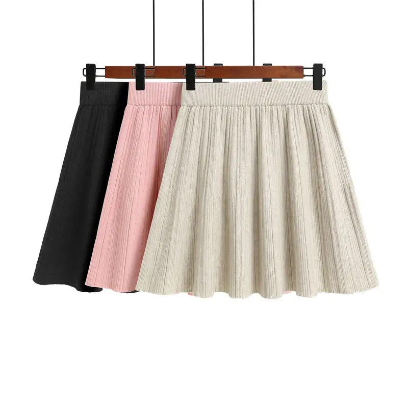 

Autumn Winter Knitted Pleated Skirts Women's Elastic High Waist A-Line Umbrella Skirts Casual Sexy Slim Short Mini Skirts