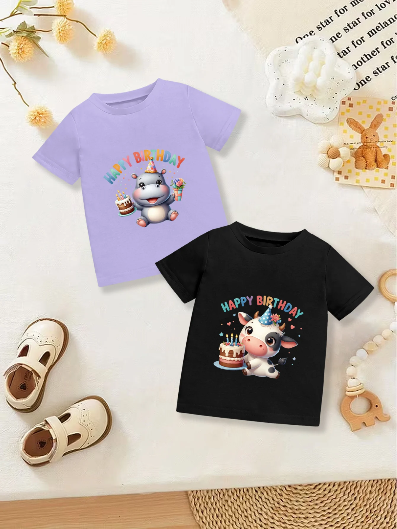 

2 предмета: летние милые футболки для девочек с мультяшным принтом коровы и бегемота на день рождения