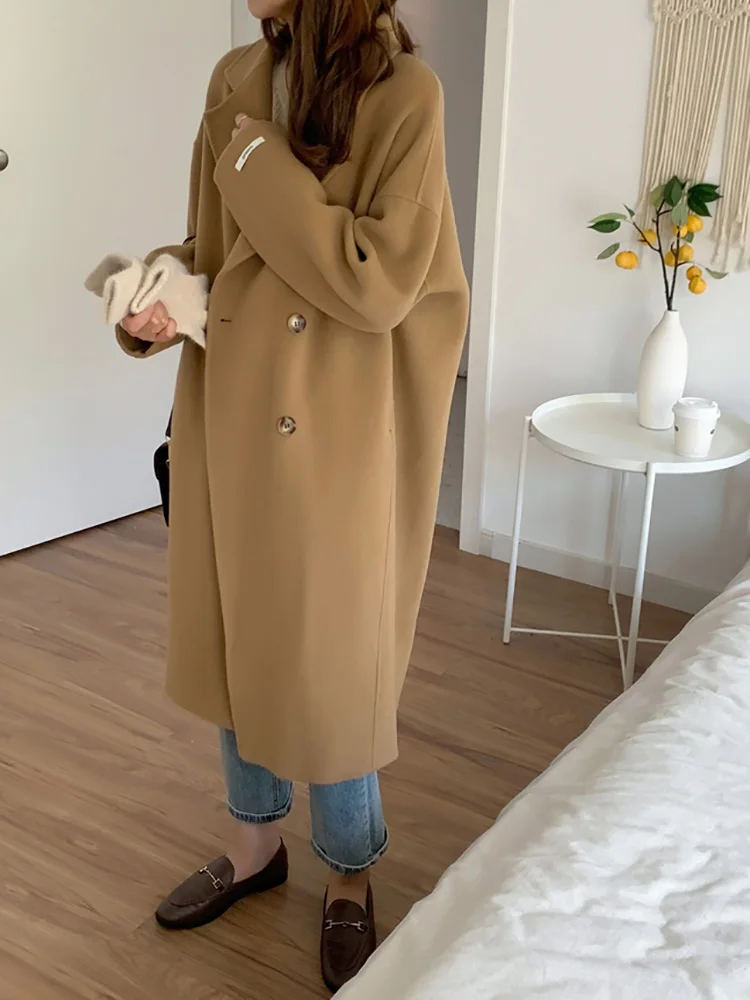 Women Double Breasted Loose Woolen Coat Lapel Collar Long Sleeves Solid Women\'s Casual Oversize Coat Autumn Winter