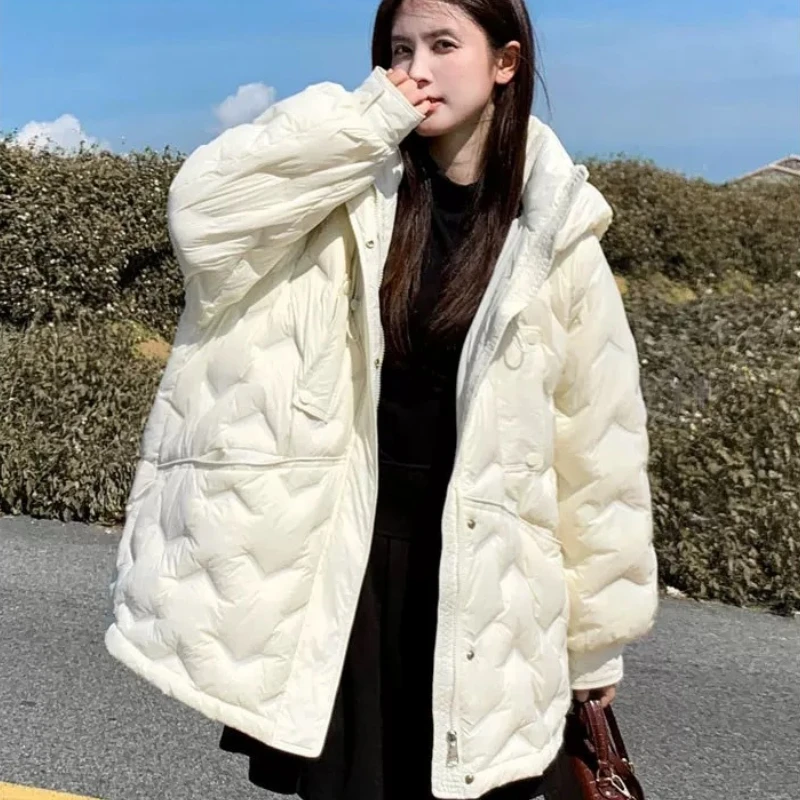 2024 novo inverno com capuz leve puffer jaqueta pato branco para baixo solto quente à prova de vento parka engrossado jaqueta de comprimento médio