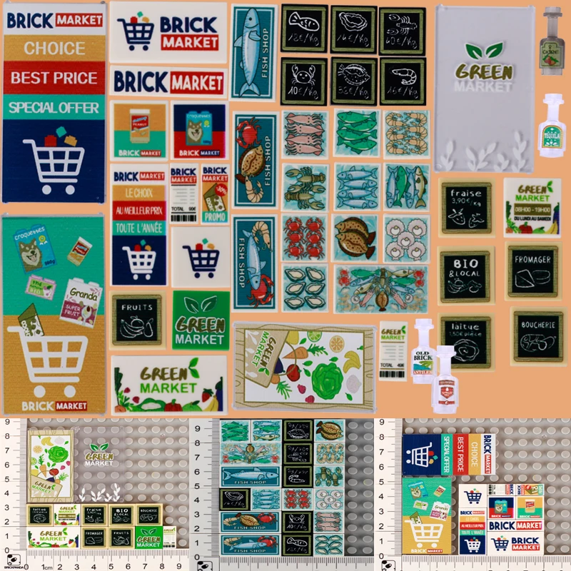 City Tiles Printed Building Blocks Supermarket Poster Food Drink Vegetable Dollar Euro Money Accessories Bricks Compatible Toys