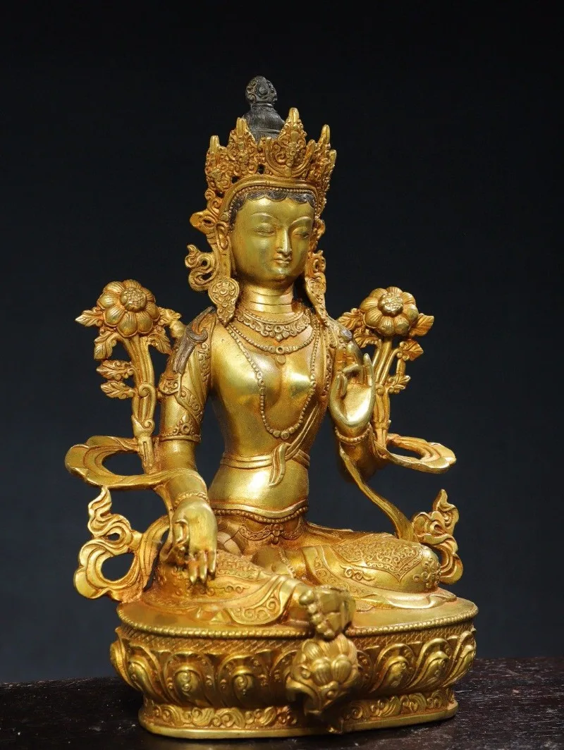 Hand-Carved Premium Wood Green Tara Buddha Statue - 12.6