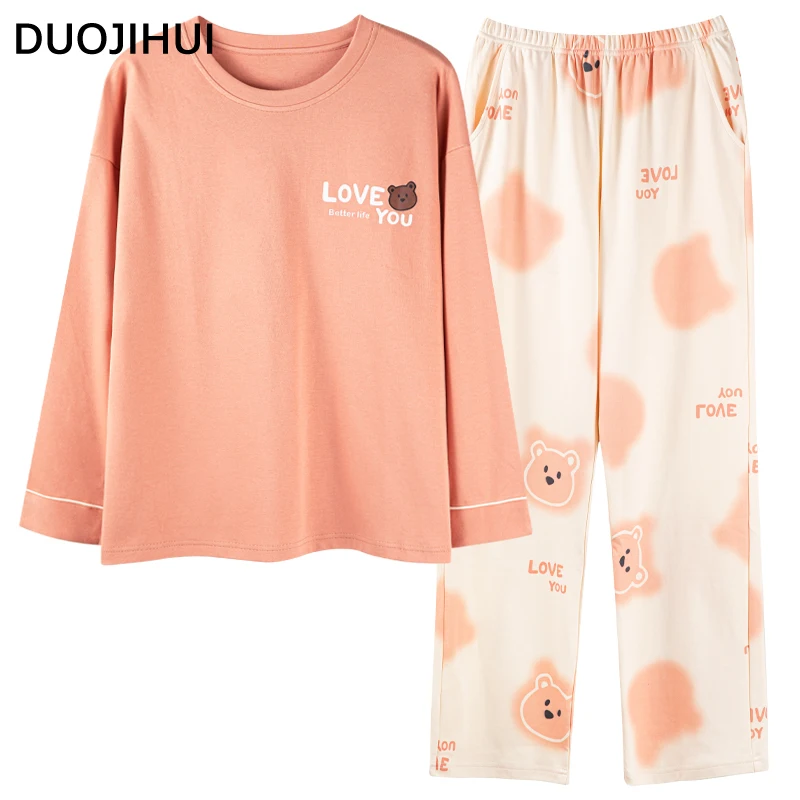 DUOJIHUI Fashion Print Loose Casual Home Pajamas Set Autumn New Simple Pullover Loose Pant Chic Pocket Sweet Female Pajamas Set