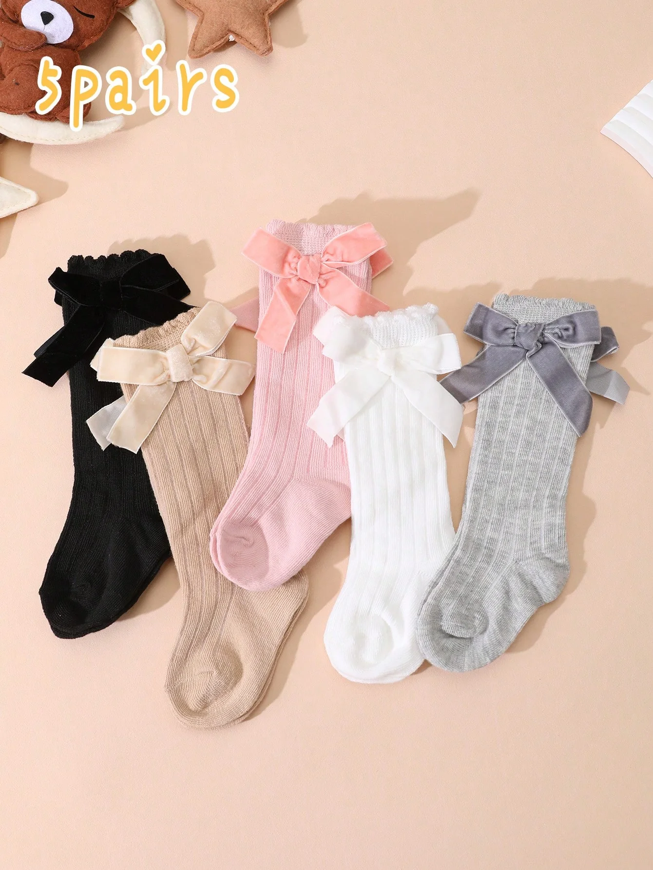 5 Pairs of Kids Knee High Socks with Bowknots Decoration, Cute Soft Breathable Long Striped Socks for Baby Girls Aged 0-36 Months