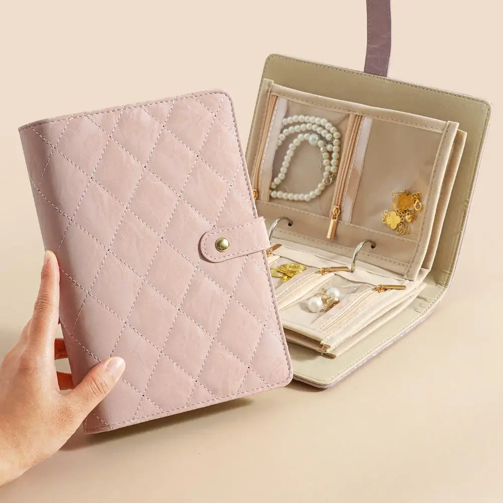 Foldable Jewelry Storage Binder Diamond Quilted PU Leather Ring Earring Organizer Book with Multiple Pockets for Travel Home Use - view 3