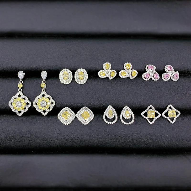 European and American S925 pure silver micro inlay 5 * 5 yellow diamond luxury full diamond classic small fragrant style earring