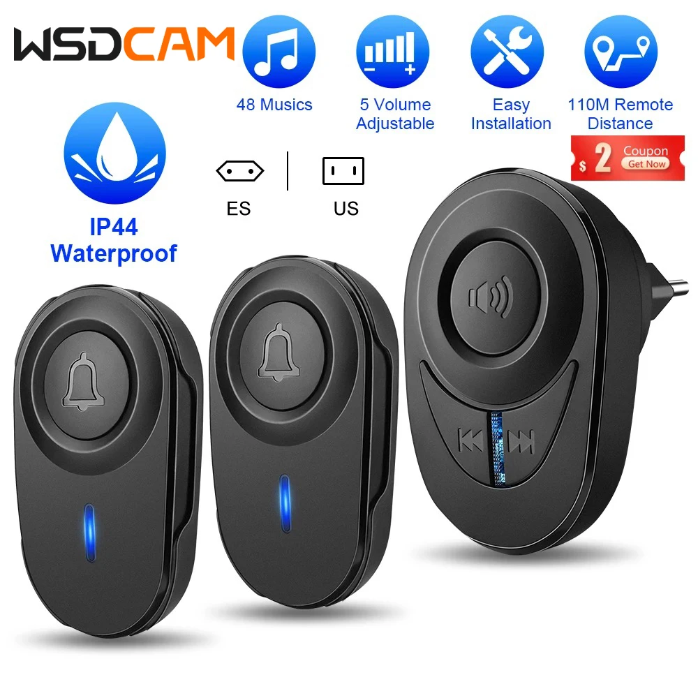 Wsdcam Wireless Doorbell Smart Home Waterproof Door Bell Chime Kit 48 Music LED Flash Doorbell with 4 Levels Adjustable Volume