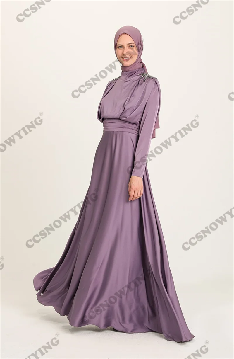 Glossy Satin Beaded Long Sleeve Muslim Hijab Evening Dresses Islamic Formal Party Gown Women Arabic Kaftan Robe De Soiree