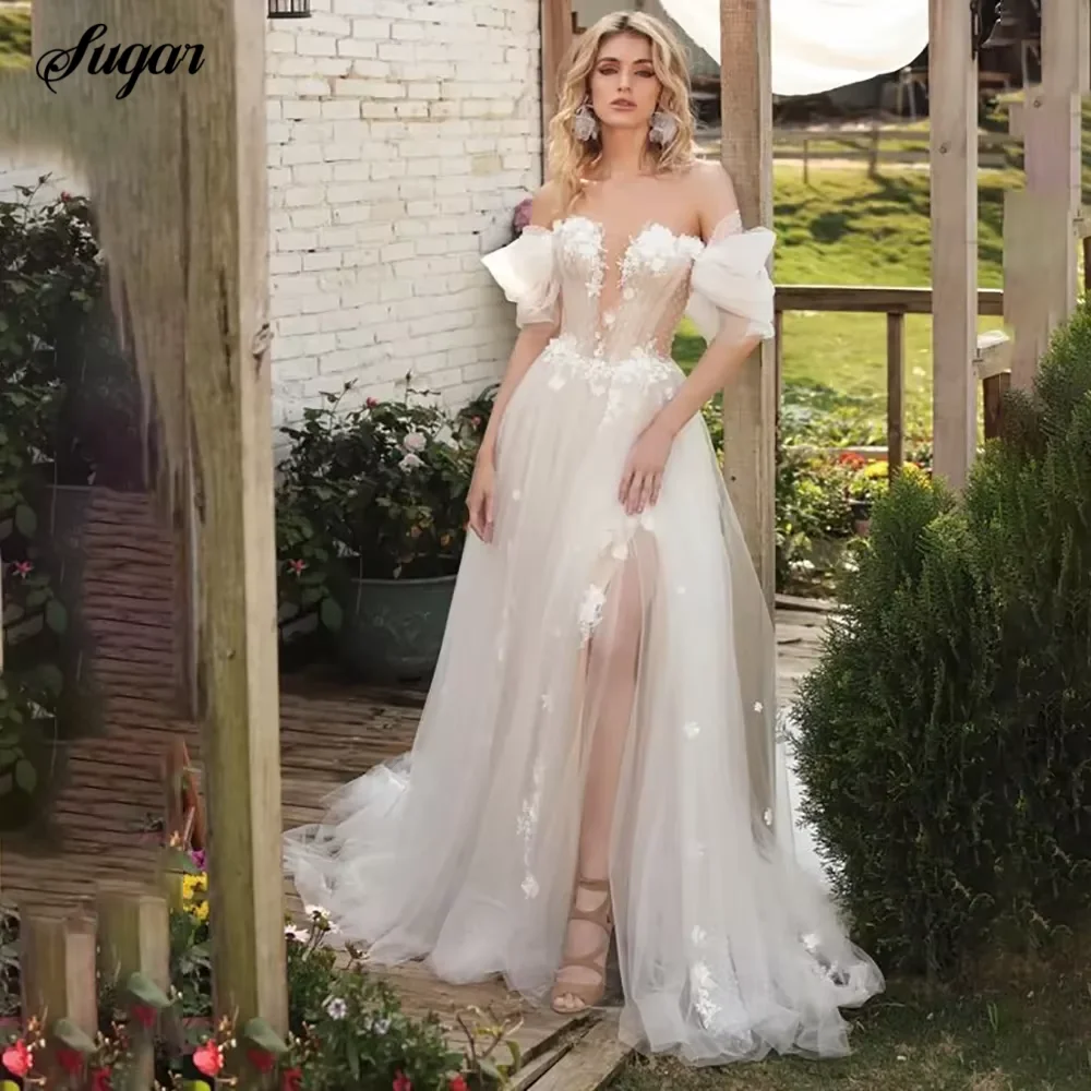 

Sexy A-Line customized Boho Wedding Dresses 2024 Off Shoulder Appliques High Split Bride Gowns Vestido De Novia Robe De Mariee