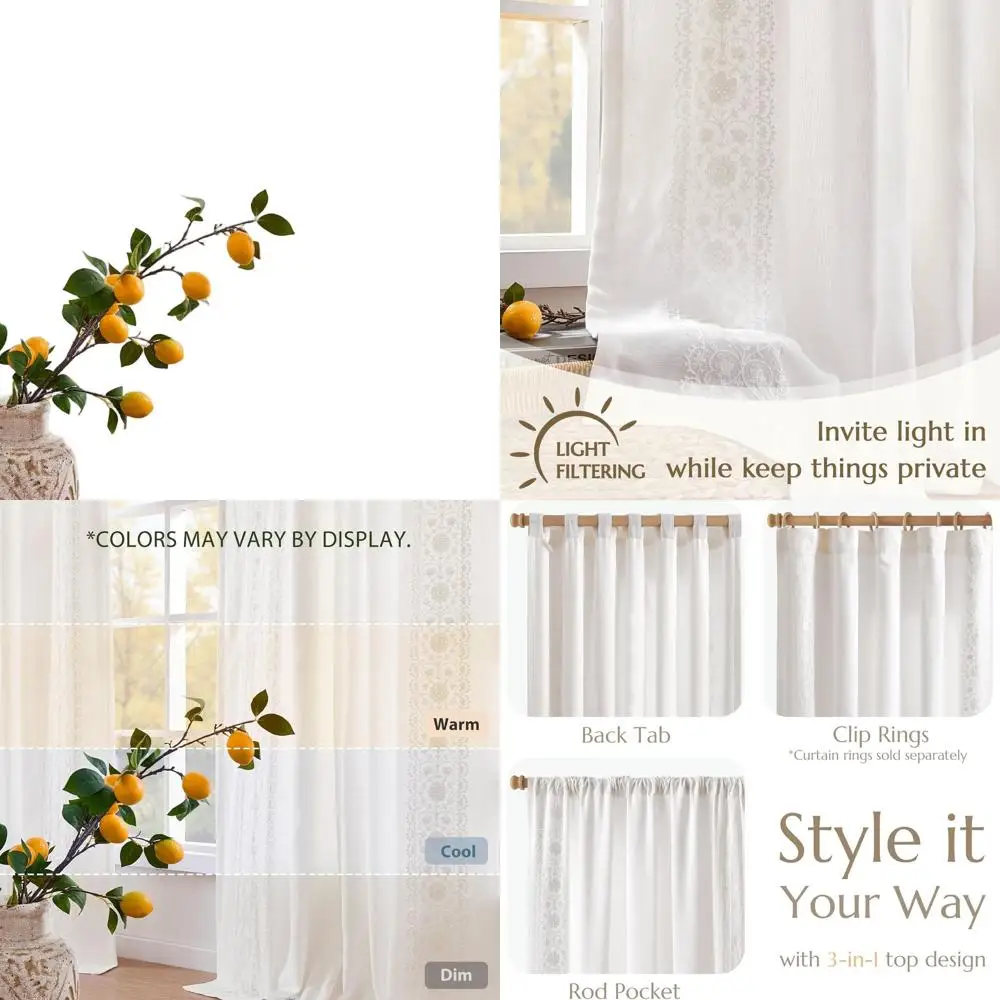 

Vintage Floral Farmhouse Style Linen Curtains, 84 Long, Lined & Embroidered, Off-White, 2 Panels