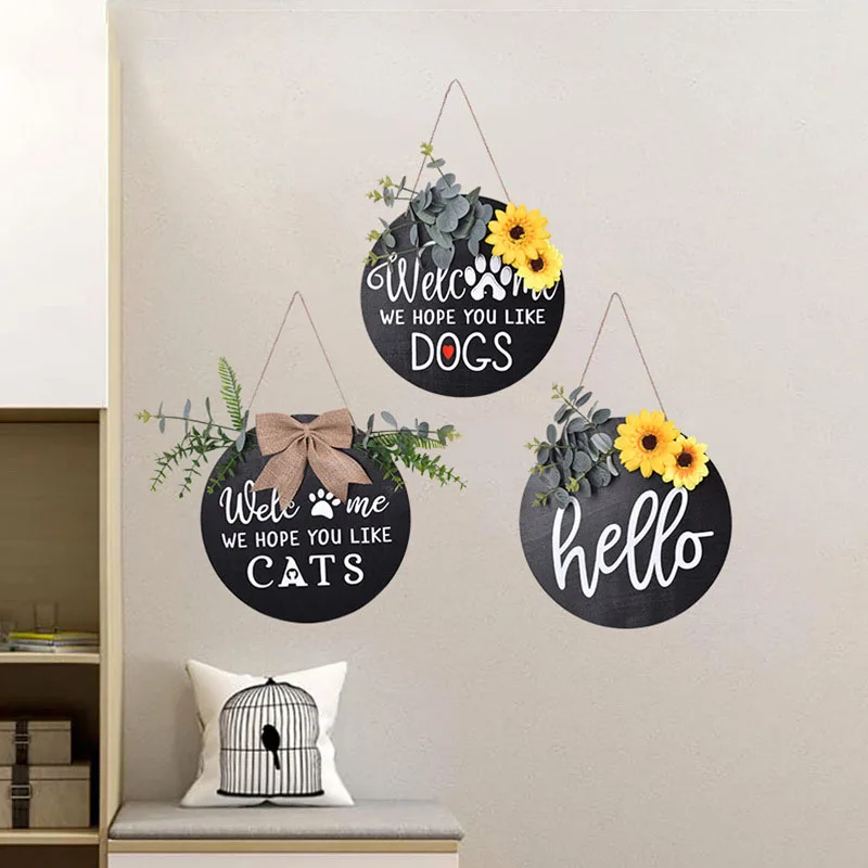 

1 Pc American Country Style Wooden Welcome Door Sign Sunflower Bow Decoration Garland Home Door Ornaments Circular Pendant