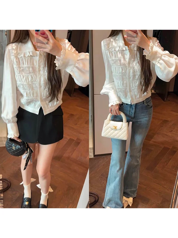 

Mimius Luxury Lace Trim Splice Shirt Elegant Versatile Slimming Top High-end Feeling Court Style Long Sleeve Women's Shirt