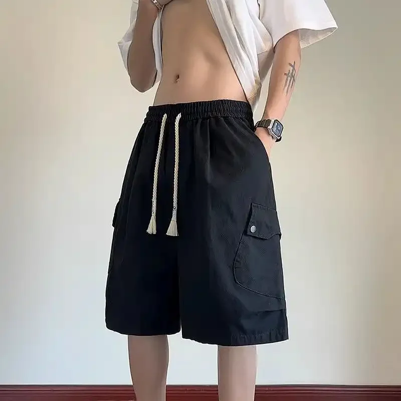 

American Retro Loose Elastic Waist Cargo Shorts Mens Large Pocket Drawstring Casual Five Point Pants For Summer Streetwear