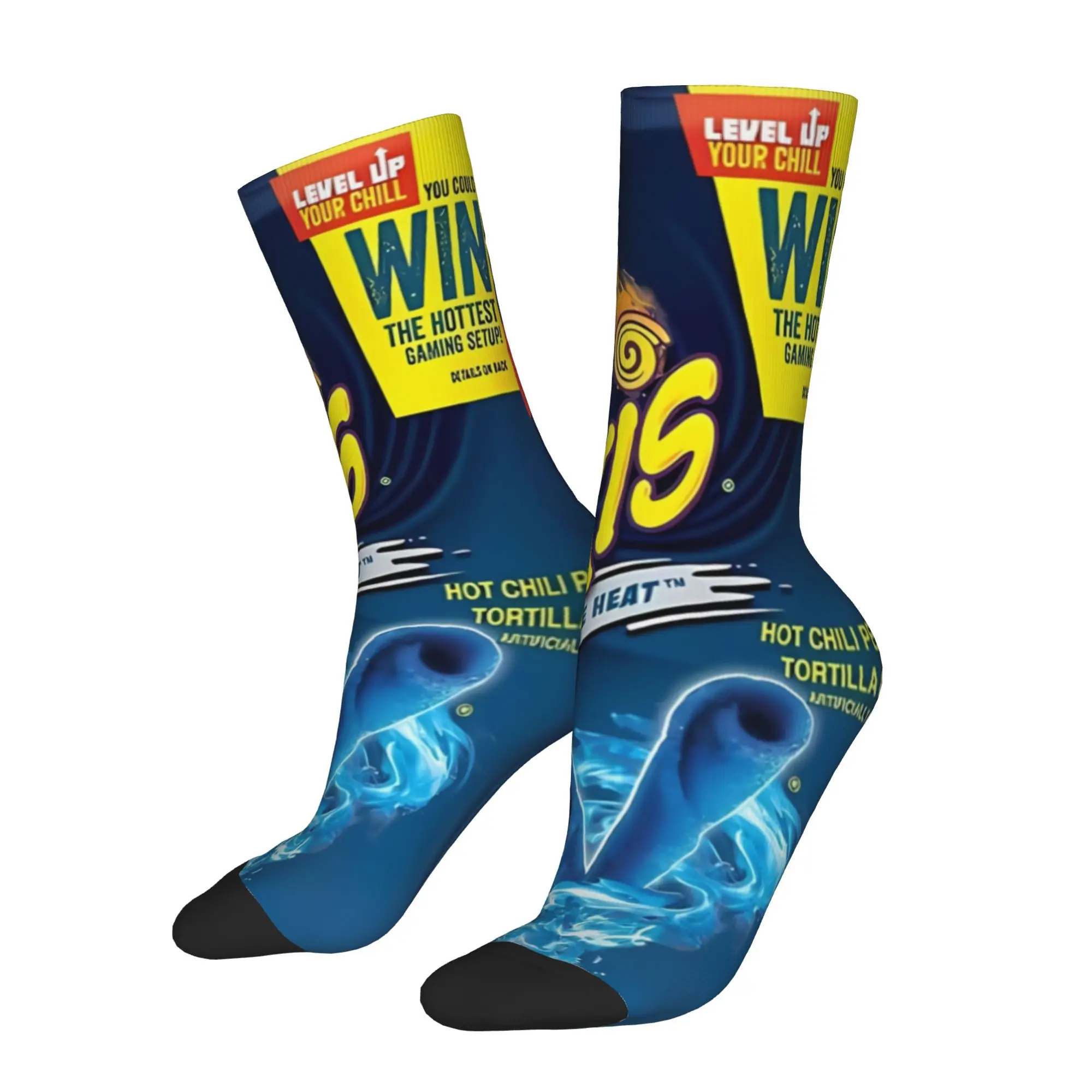 1 Paar Lustige Socken mit Takis Blue Fun Hot Chip Aufkleber, Hochwertige Muster-Bedruckte Herren-Crew-Socken, Neuartige Herrensocken