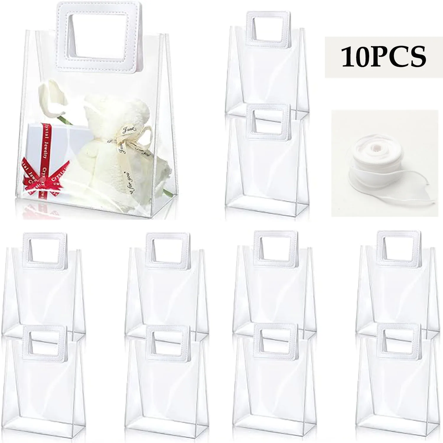 10 Pcs Plastic Gift Bags with Handle Transparent Gift Bag with Fishtail Ribbon Reusable PVC Bags for Bridal Party Baby Shower We