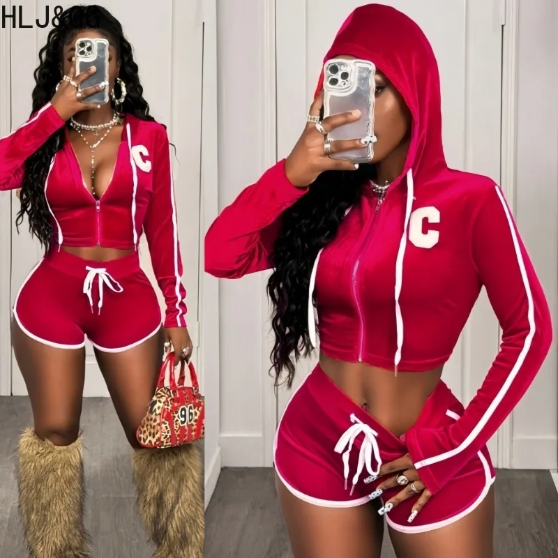 

HLJ&GG Winter Sexy Letter Patchwork Two Piece Outfits Woman Solid Color Long Sleeves Hooded Crop Top and Pants Female Streetwear