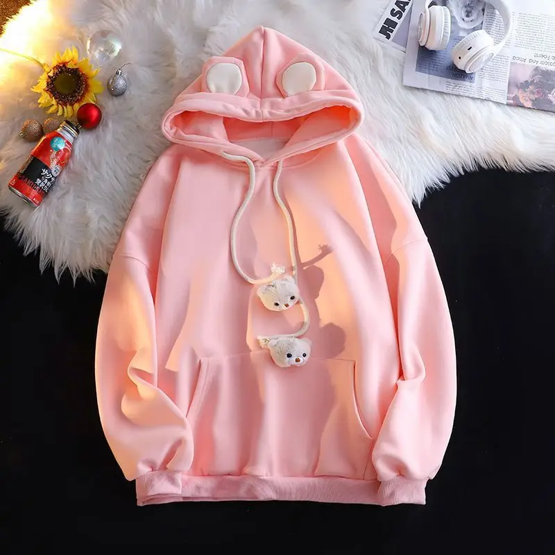 Harajuku Kawaii Bear Ears Hooded Sweatshirt Drop Sleeve Solid Hoodies Velvet Thick Casual Outwear Kawaii Girls Pullover Clothes