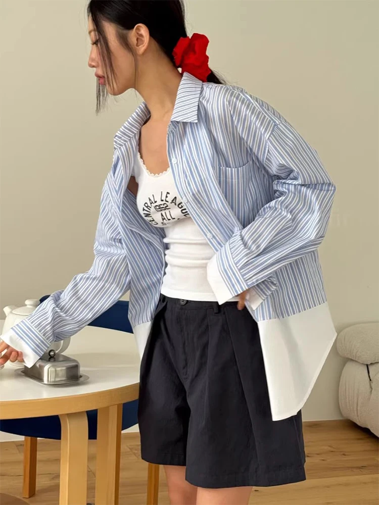 シックな秋の新作ルーズ長袖ストライプシャツレディースカジュアルクラシックカラーカラーブロックデザイン通勤スタイル韓国版