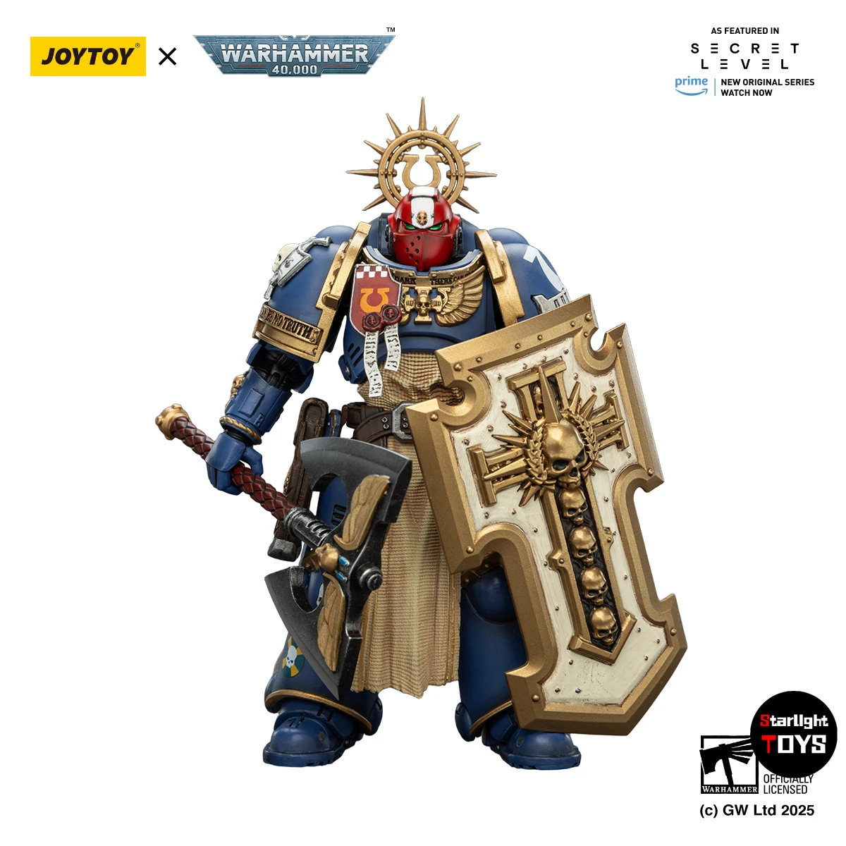 

Фигурка JOYTOY Warhammer 40K Ultramarines Metaurus с топором Power Axe, щитом Stormshield и плазменным пистолетом, масштаб 1/18